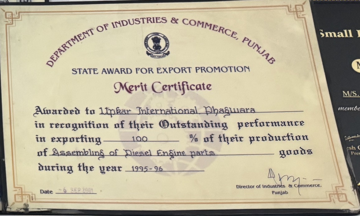 Upkar International export recognition certificate — agricultural diesel engine exporter India