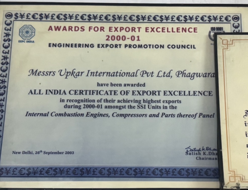Upkar International compliance certificate — POWERFORGE diesel engine pump manufacturer Punjab India